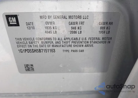 2011 Chevrolet Cruze Ls from USA, damaged, VIN 1G1PD5SH5B7151163